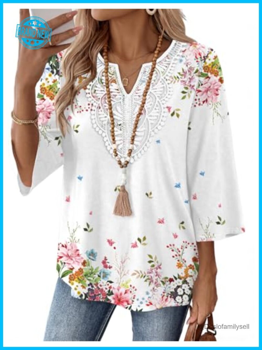 Ivicoer Womens 3/4 Sleeve Boho V Neck Lace Blouse Top Loose Fit Casual